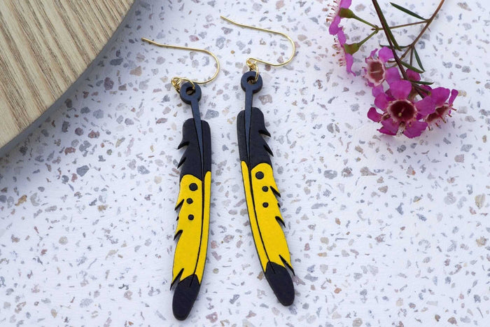 Yellow Tailed Black Cockatoo Feather Earrings Little Geraldine 